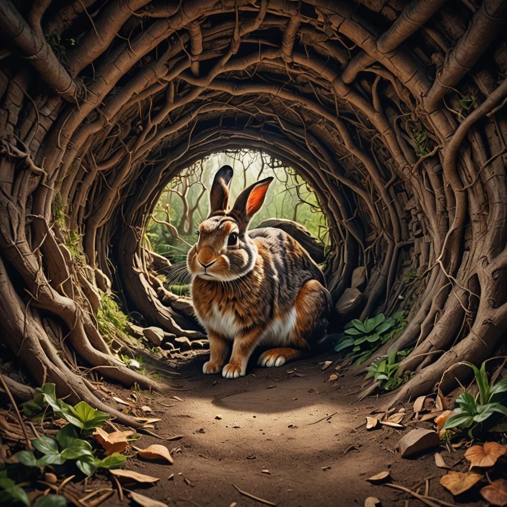 Surreal Rabbit Hole Scene in Hyperrealistic Style