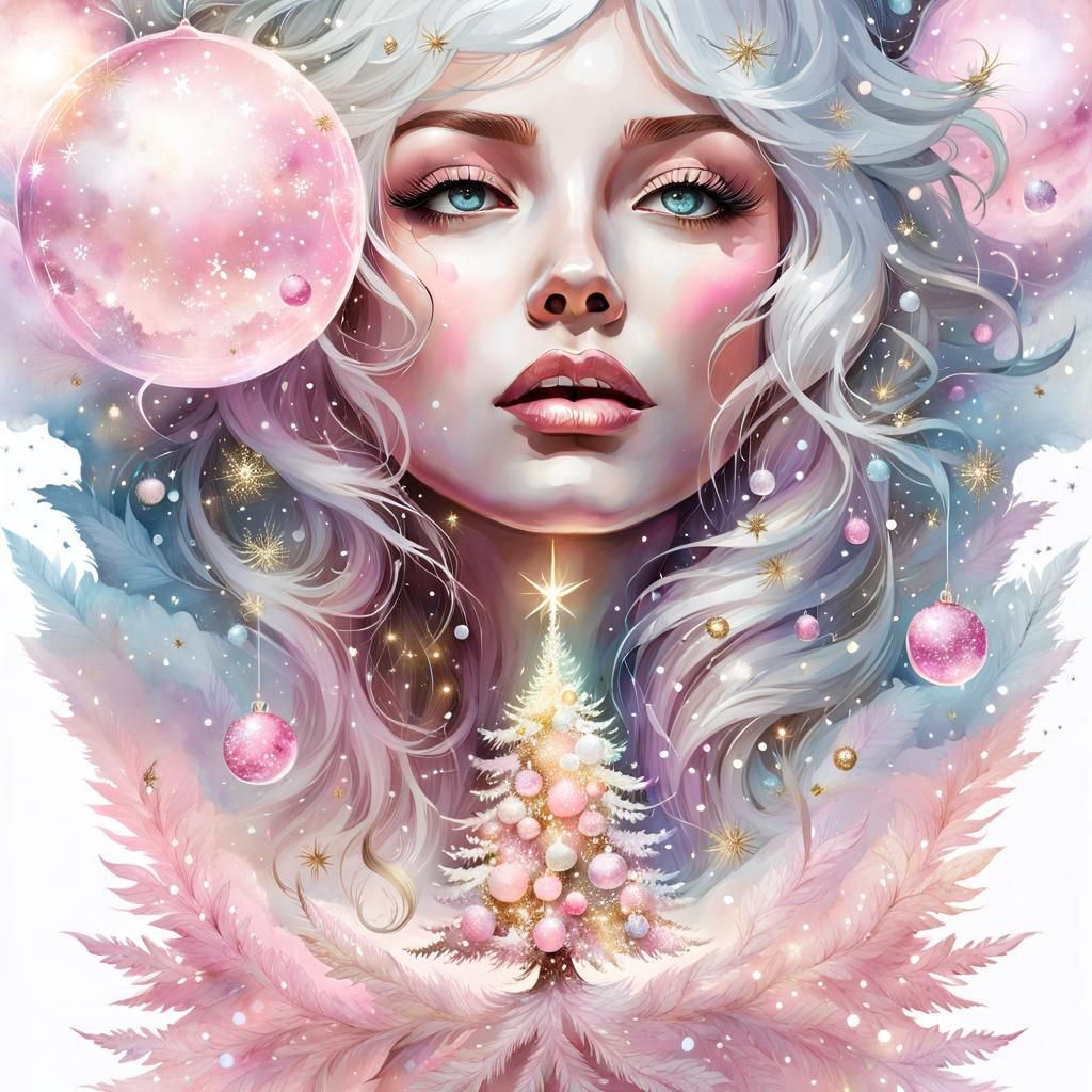 Pink and White Christmas Tree in Watercolor Style