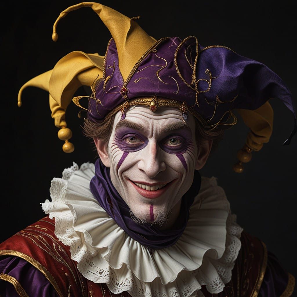Enigmatic Court Jester in Dark, Mystical Realm
