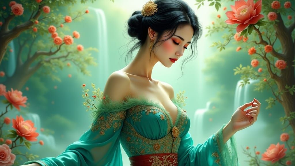 Elegant Asian Woman in Dreamlike Traditional Gown