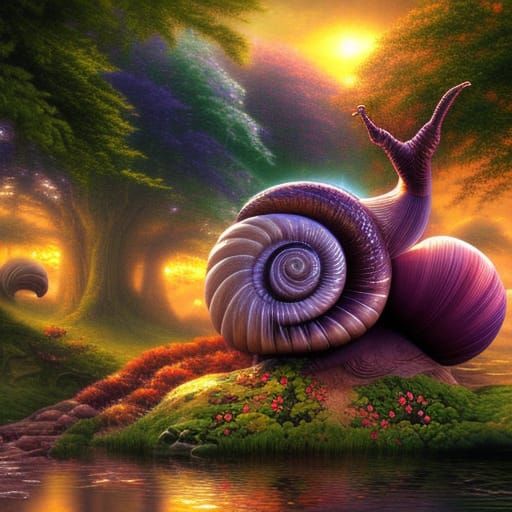 Giant Snail in Romantic Ethereal Sci-Fi Landscape