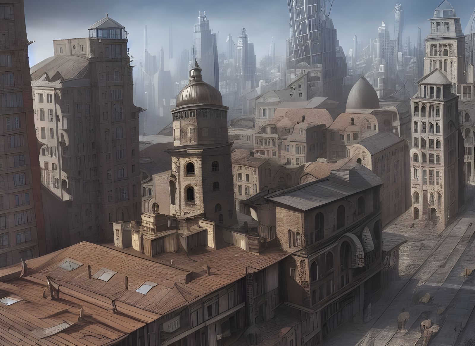 Cityscape Juxtaposition: Old Meets New in 3D Render