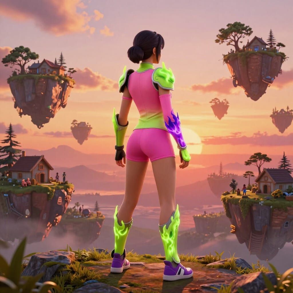 Vibrant Sunset Sky with Floating Islands and Character