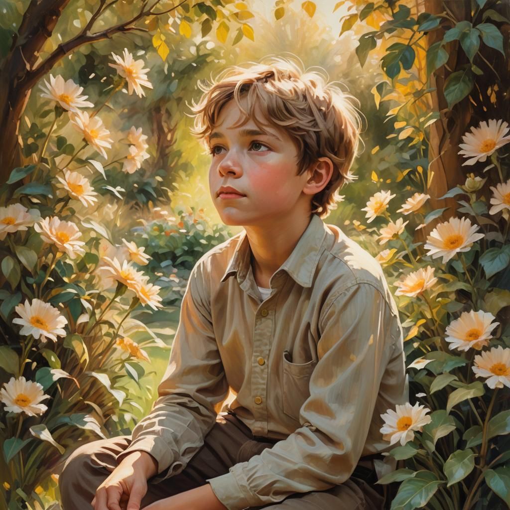 Boy Daydreaming in Sunlit Garden as Oil Painting