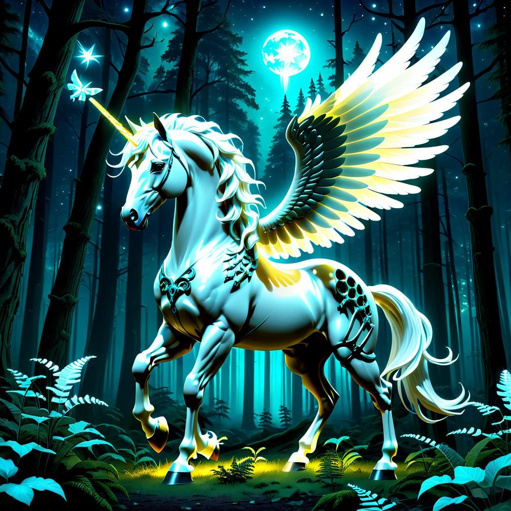 Glowing Translucent Pegasus in Bioluminescent Starry Forest