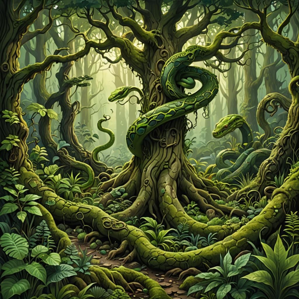 Green Forest Scene with Snake in Realistic Fantasy