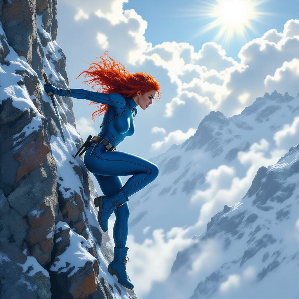 Red-Haired Woman Climbs Mountain Cliff in Realistic Style