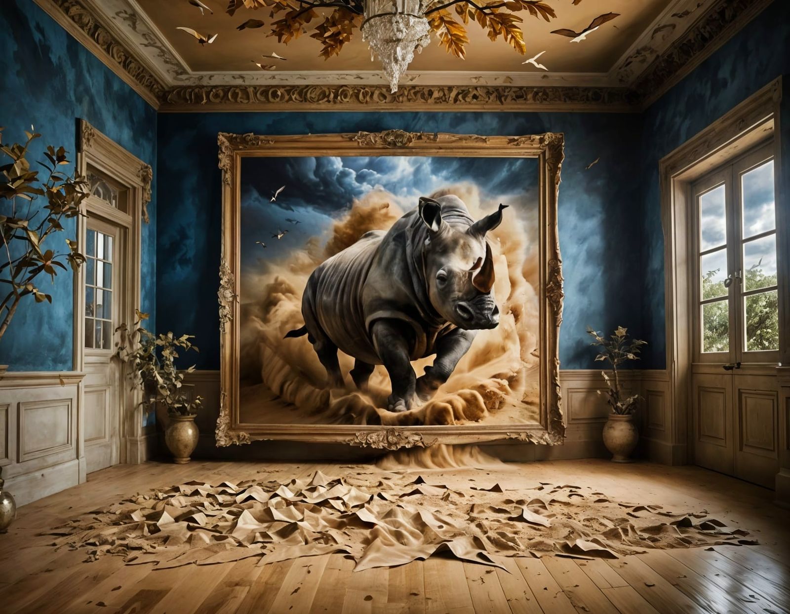 Rhino Charges from Stormy Painting in Ornate Hall
