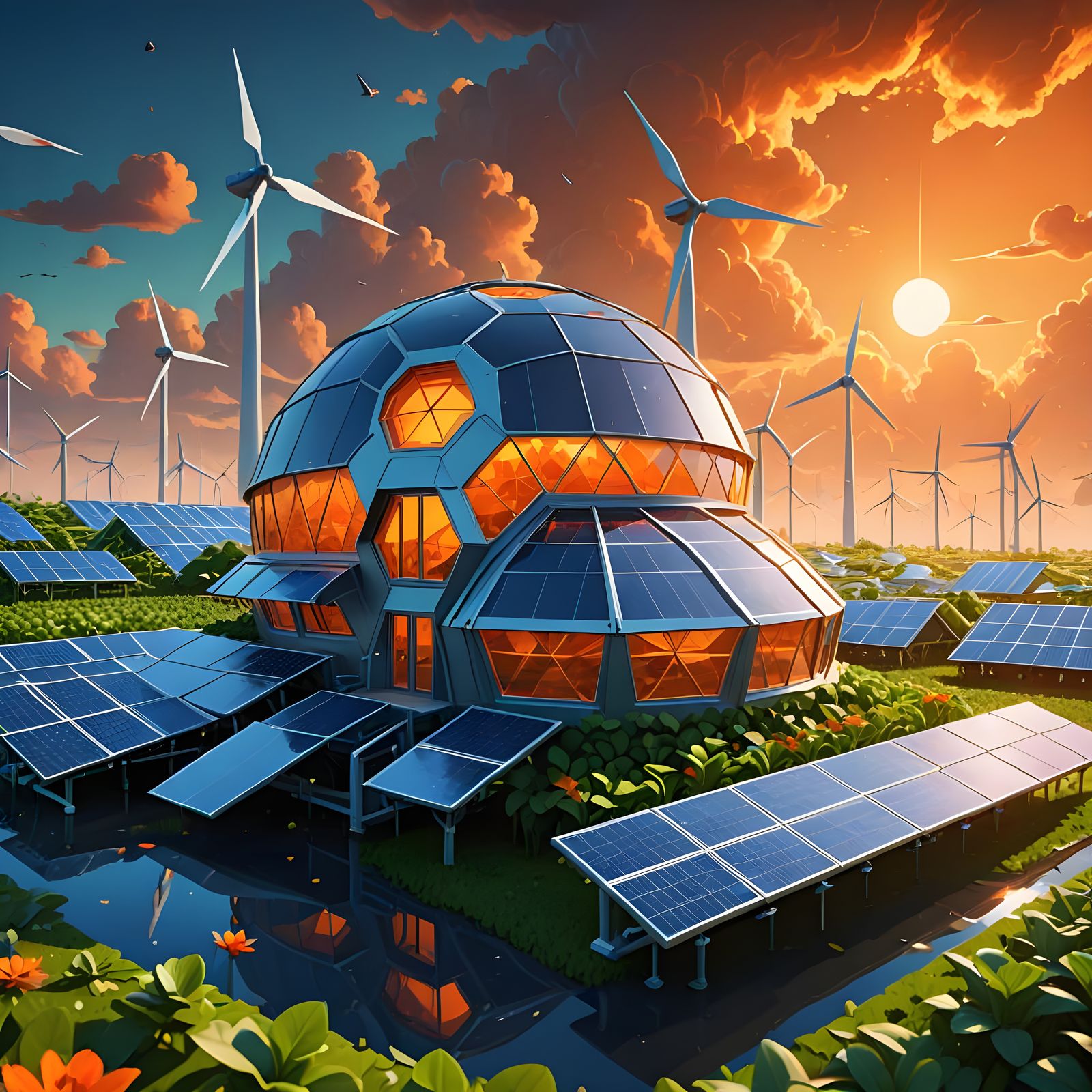 Surreal Solarpunk Farm Soars Through Vibrant Orange Skies