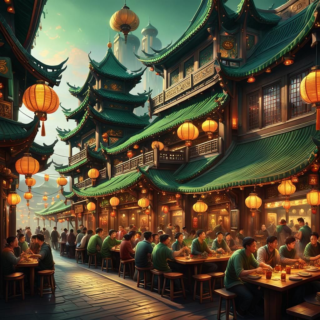 Bustling Shanghai Tavern in Fantasy Concept Art Style