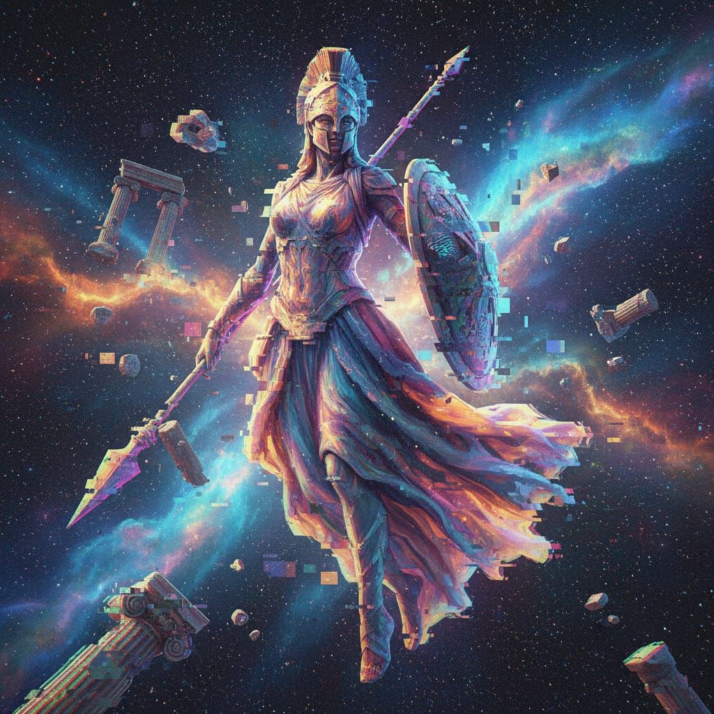 Colossal Athena Goddess in Starry Void with Fragmented Archi...