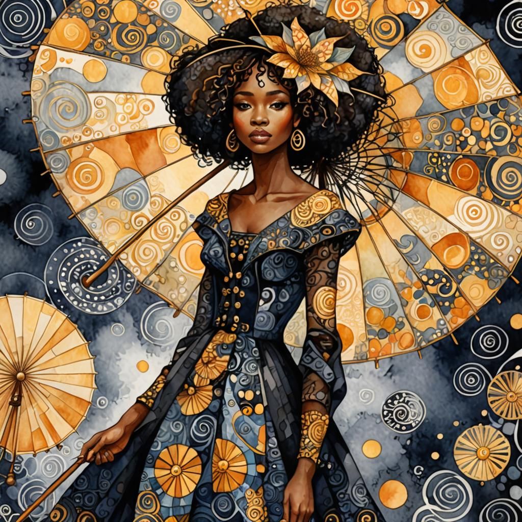 Klimt-Style Watercolor of Girl with Parasol