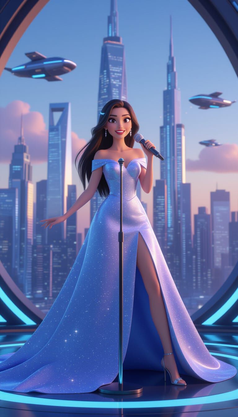 Starlight Gown on Futuristic Stage in 3D Animation