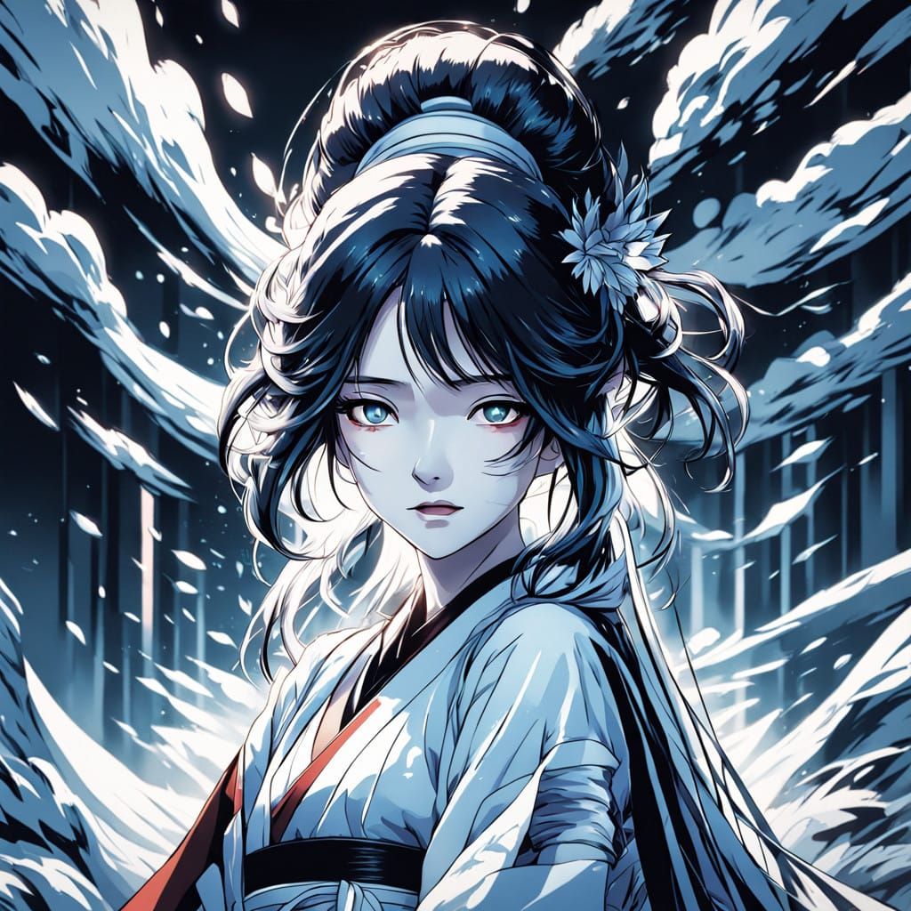 Mysterious Yuki-onna Poses in Haunting Anime-Inspired Art