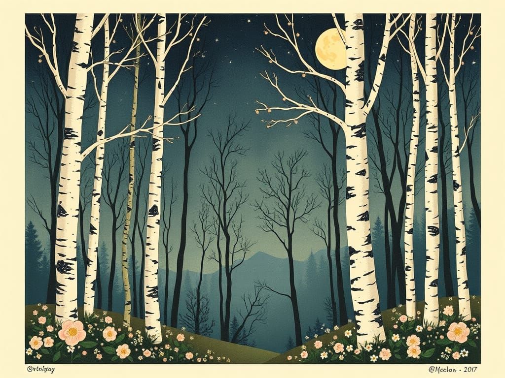 Moonlit Birch Forest in Art Deco Style