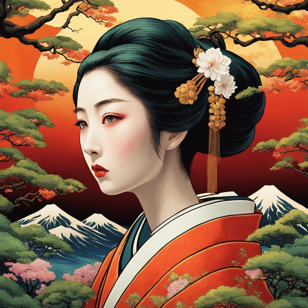 Ethereal Geisha in Dreamy, Surreal Landscape