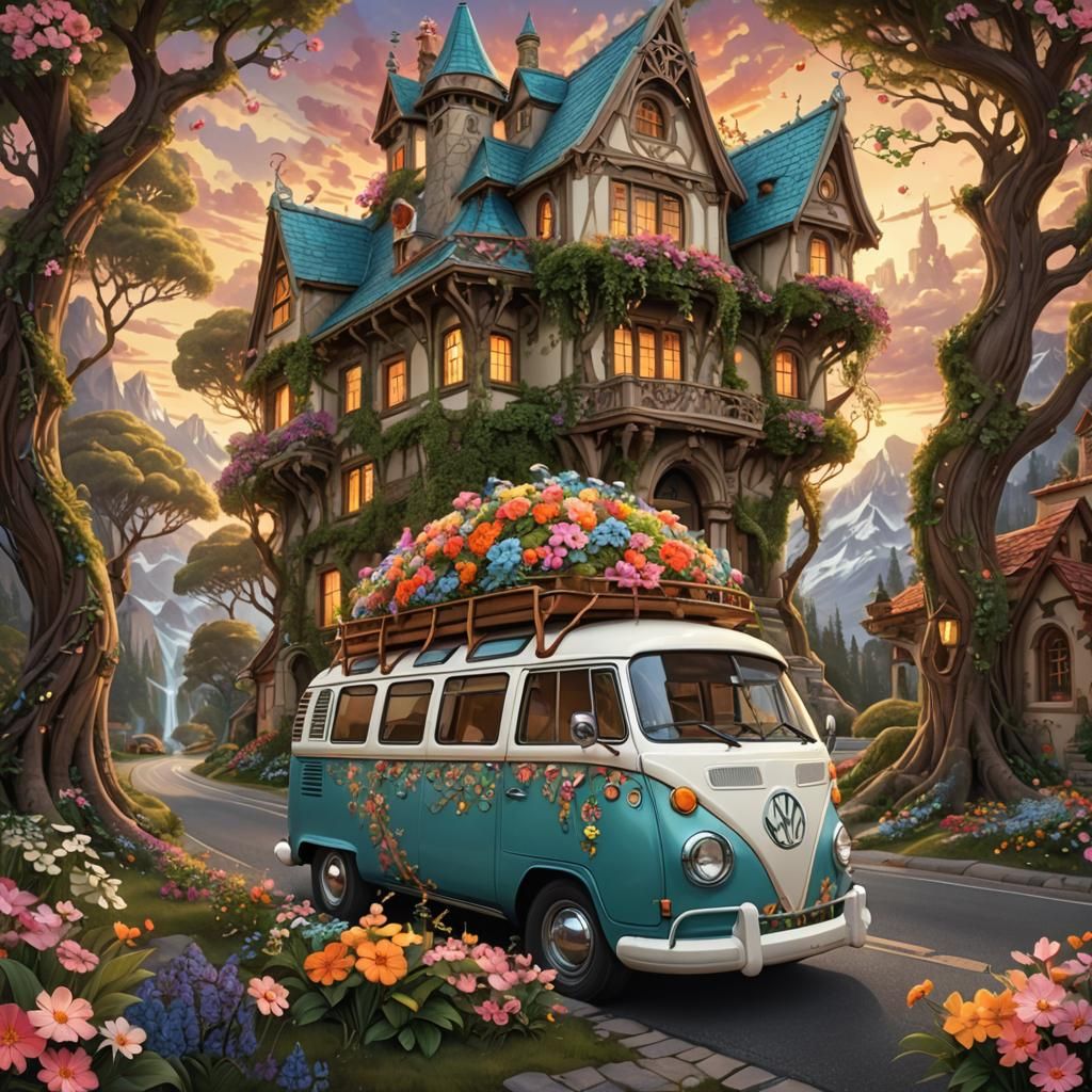 Fairytale Campervan Blossom in Digital Painting Style