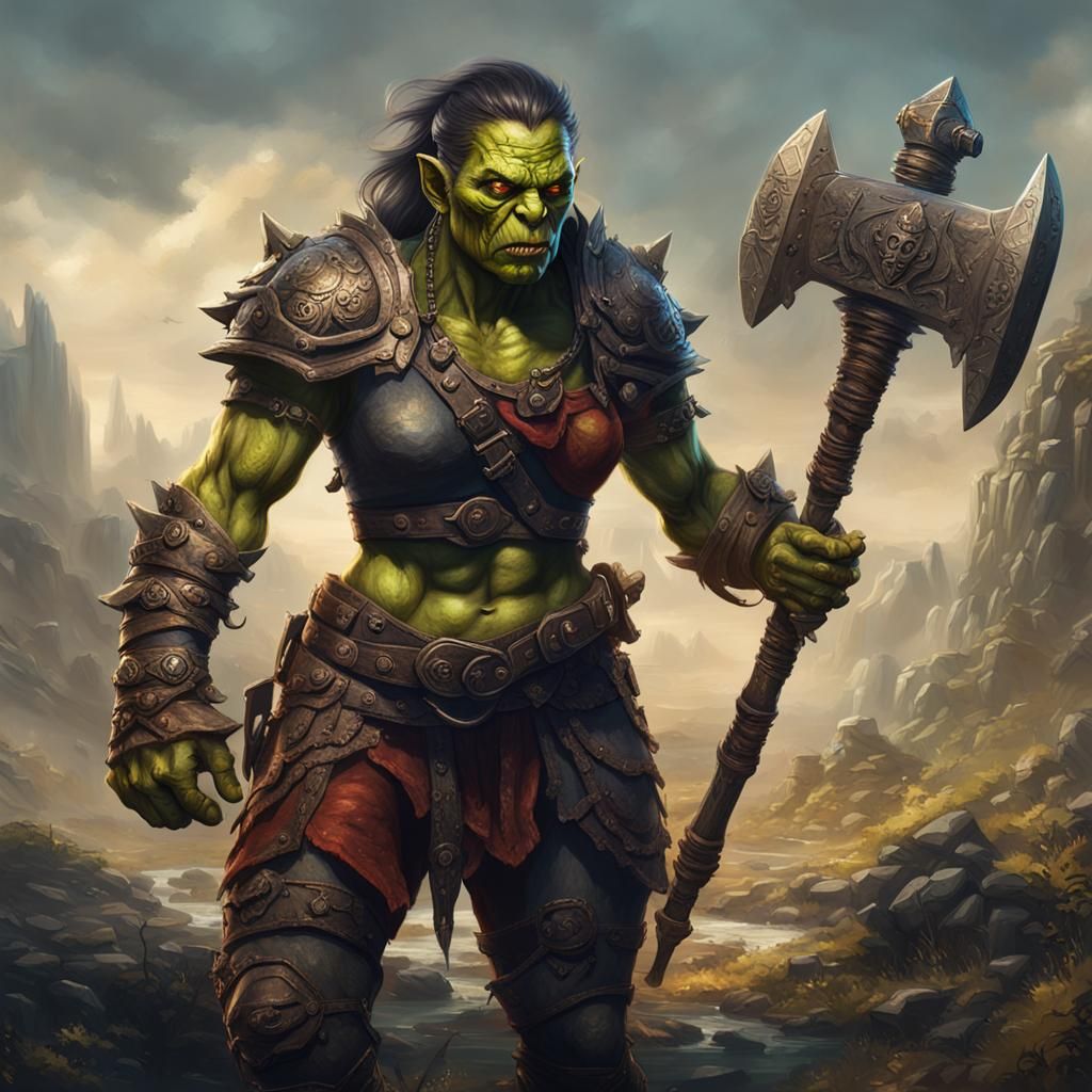 Orc Woman Adventurer Portrait as Oil Painting