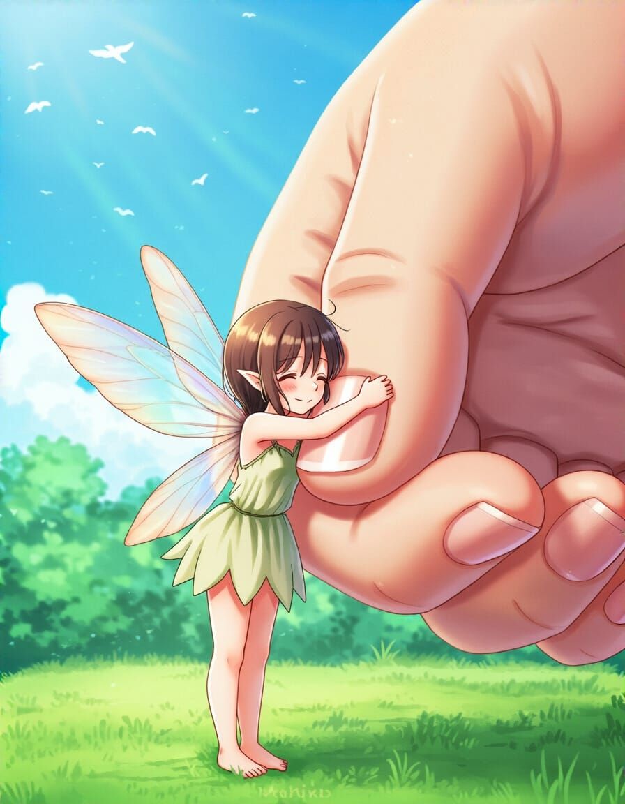 Tiny Fairy Hugging a Giant Girl's Thumb in Anime Style