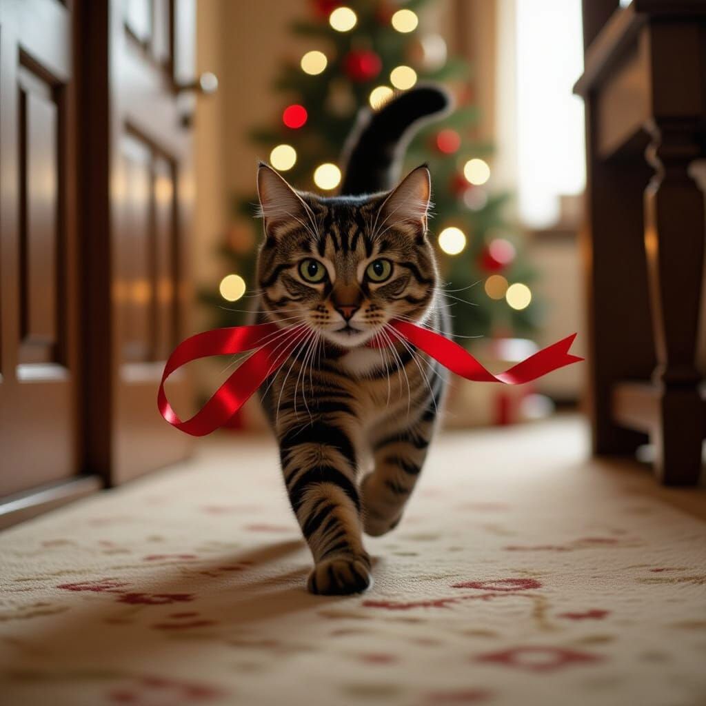 Festive Cat Dashes Through Home With Christmas Ribbon