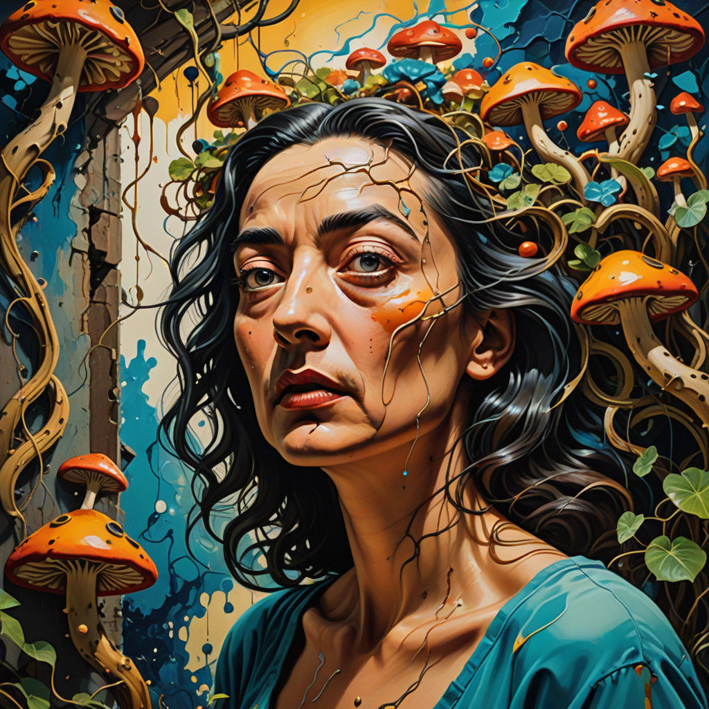 Shrinking Woman in Vines of Surrealistic Graffiti