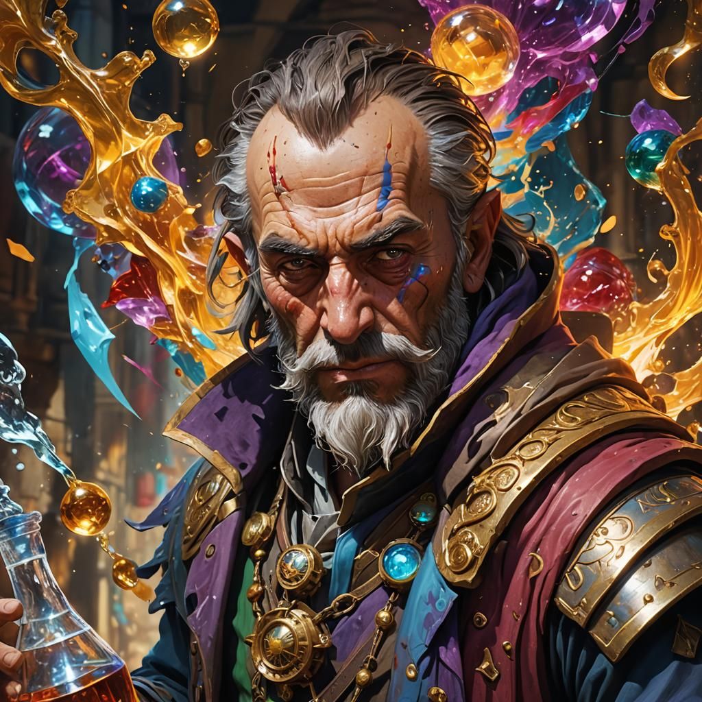 Hyperrealistic Alchemist in Colorful Splash Art