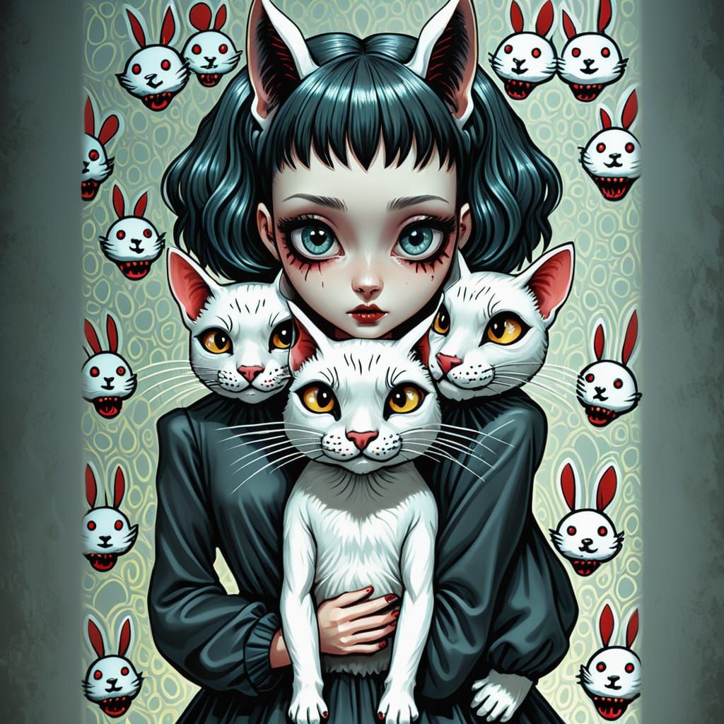 Surreal Girl with Cat Ears Holds Three-Headed Cat