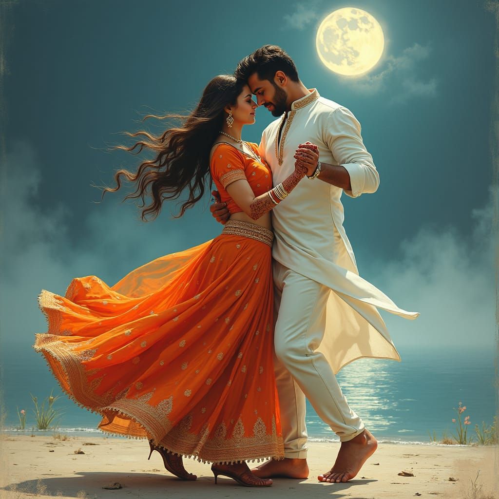 Bollywood Dance Under Moonlight in Artistic Style