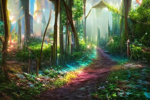 Iridescent Path Through Fantasy Forest in 3D