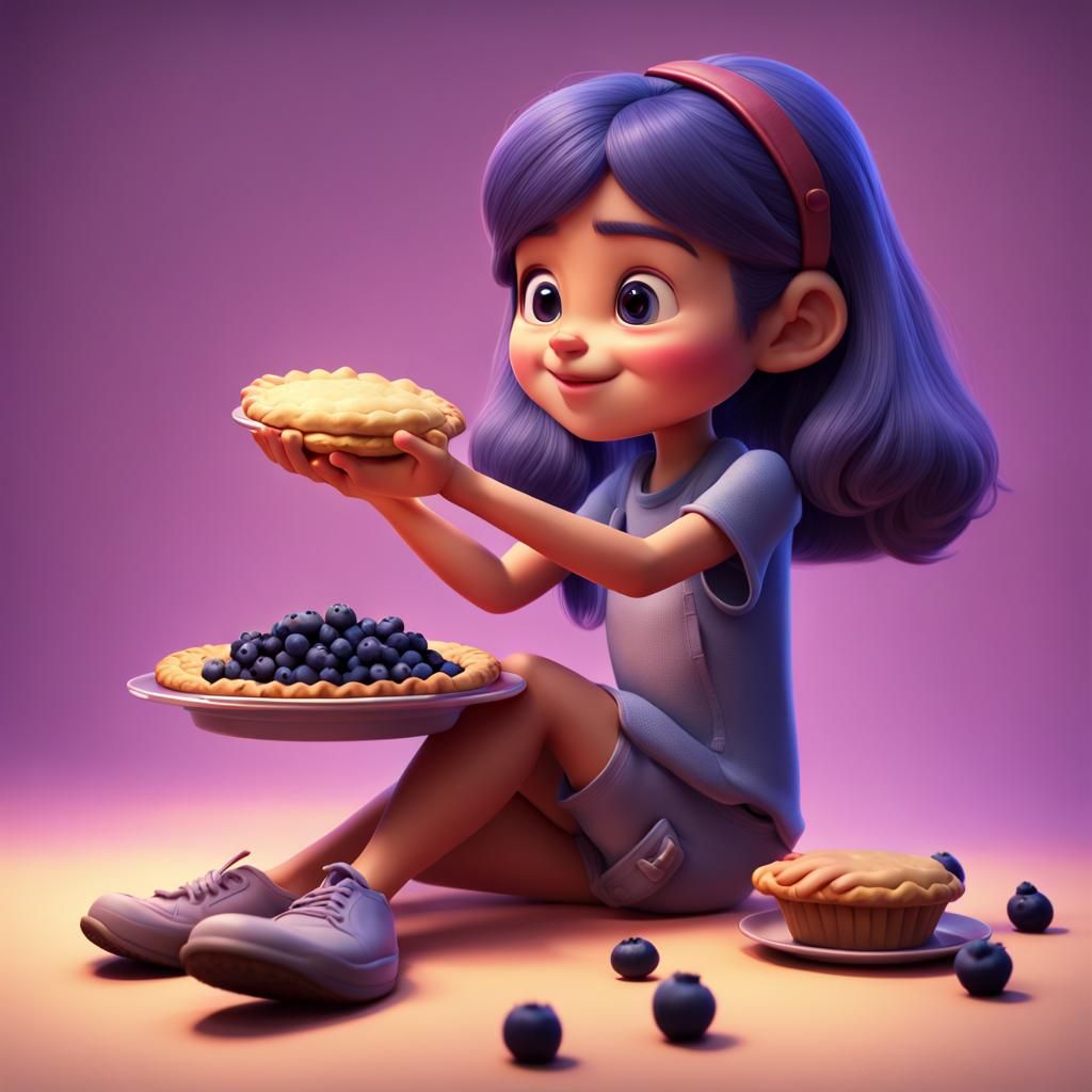 Girl Eating Blueberry Pie: Pixar-Style 3D Render