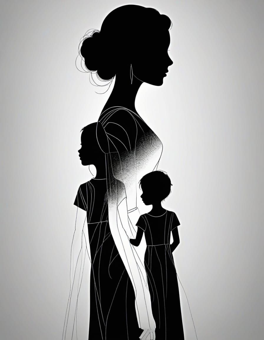 Mother and Children Line Art Portrait with Chiaroscuro