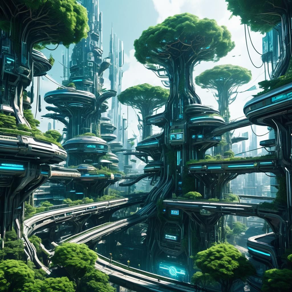 Biopunk Tree City with Cybernetic Features