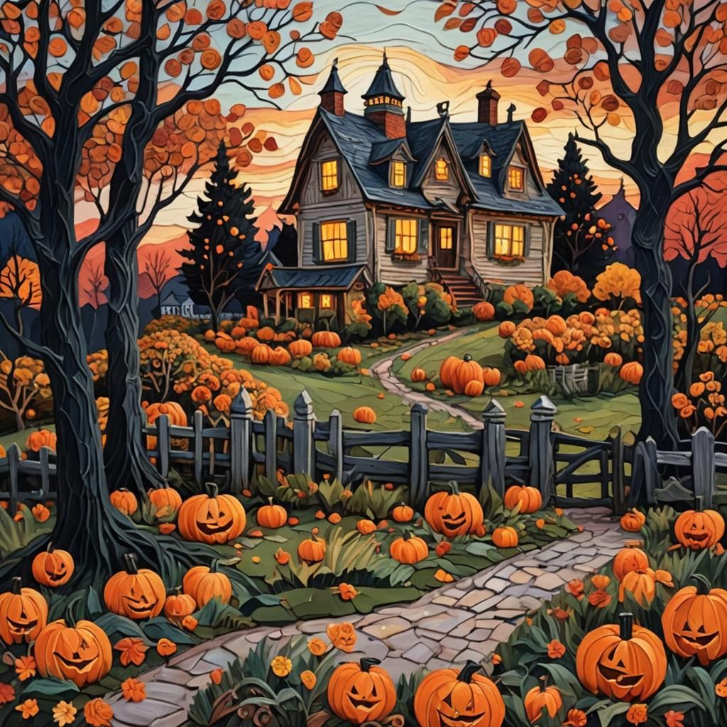 Jack-o-Lantern Garden at Sunset as Impasto Painting