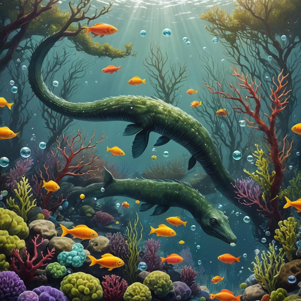 Loch Ness Monster in Deep Underwater Scene