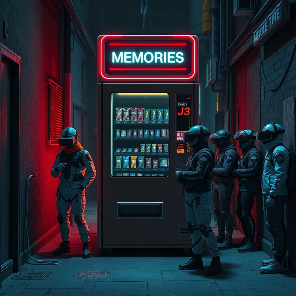 Dystopian Memory Vending Machine in Cyberpunk Alley