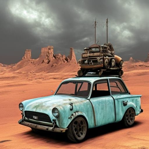 trabant 601 as a madmaxcar. hyperdetailed and hyperrealism
