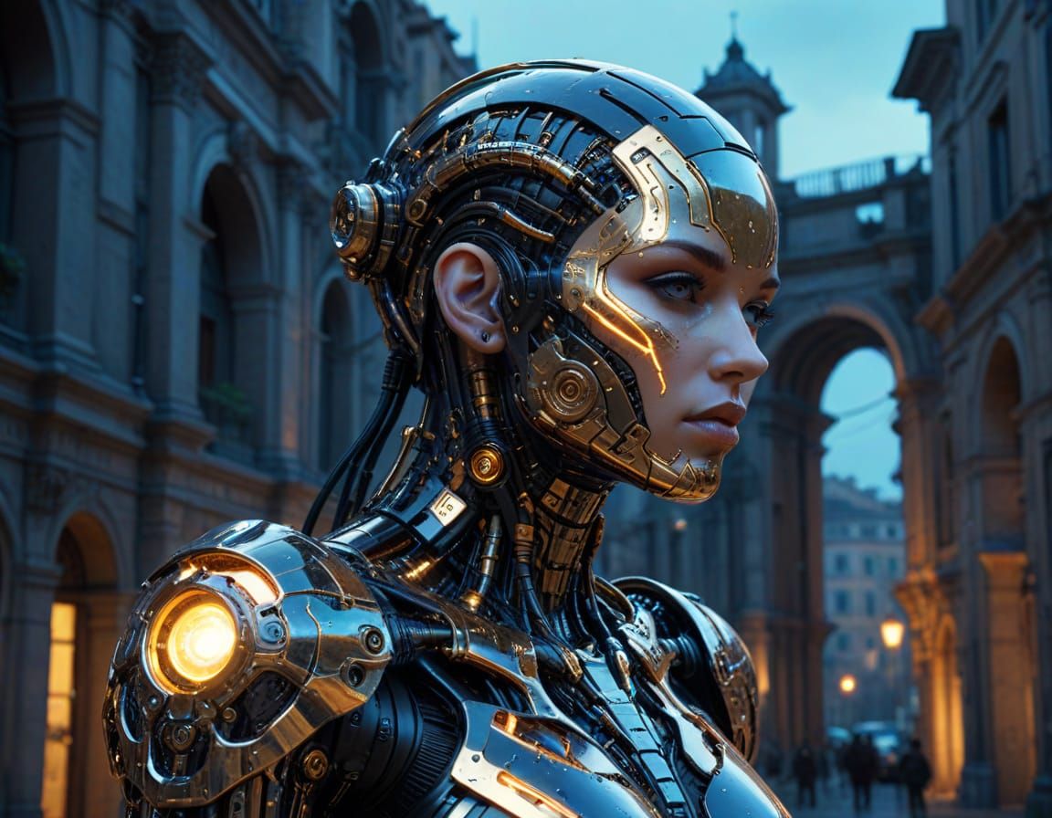 Cyberpunk Cyborg in Futuristic Rome Cityscape