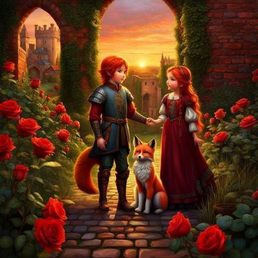 Boy, Sister, and Fox in Waterhouse Style