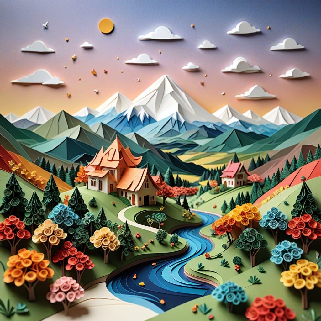 Whimsical Origami Paper Landscape with Unfolding Seasons