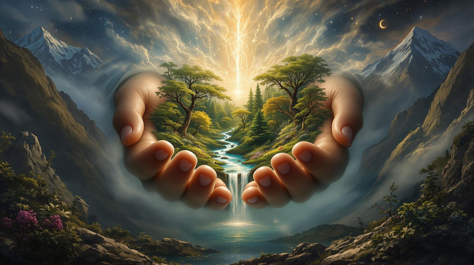 Colossal Hands Cradling a Magical Forest