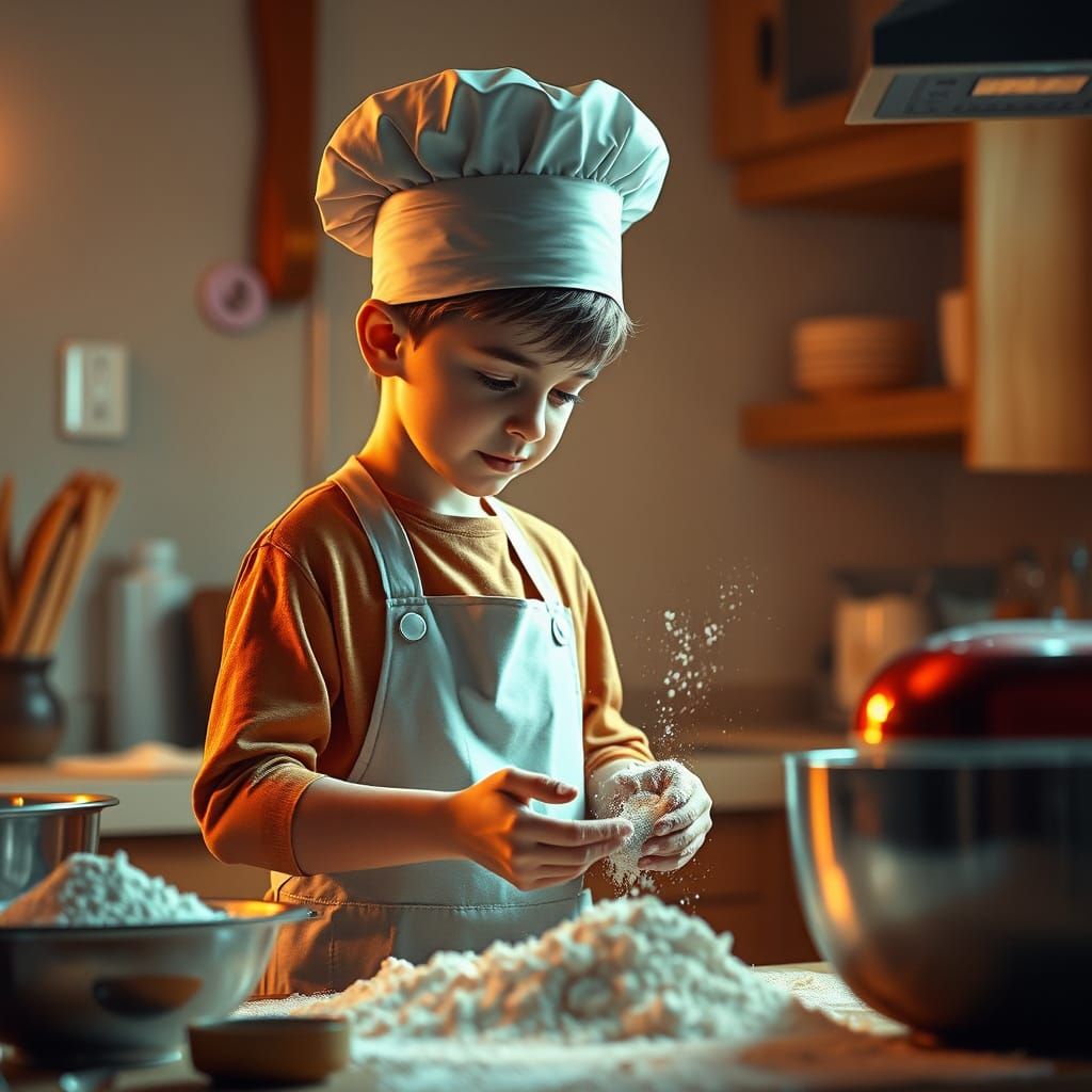 Charming Kitchen Scene with Young Boy Baking