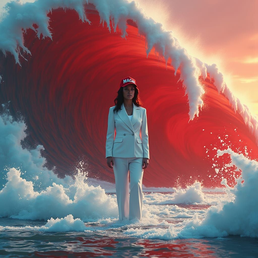 Surreal Woman in Red Ocean Wave, Detailed Matte Painting