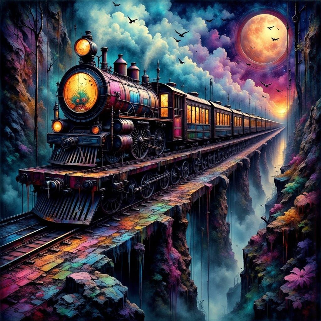 Stained Glass Train on Human Bridge in Grotesque Style