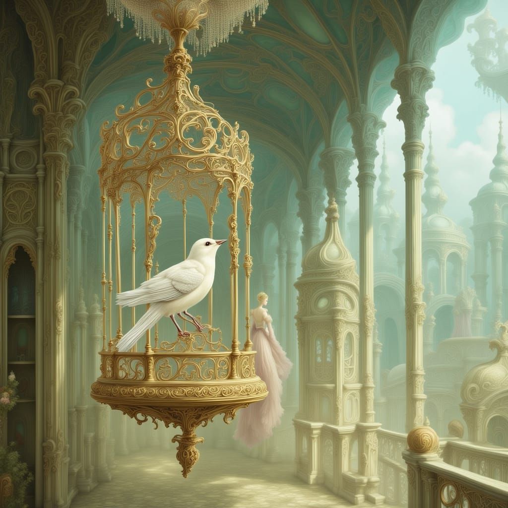 Antique Gilded Birdcage in Sunlit Ballroom