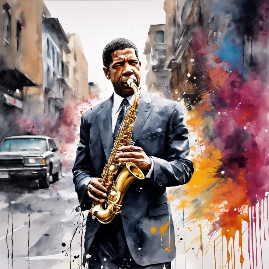 Denzel Washington Saxophone Watercolor Graffiti Art