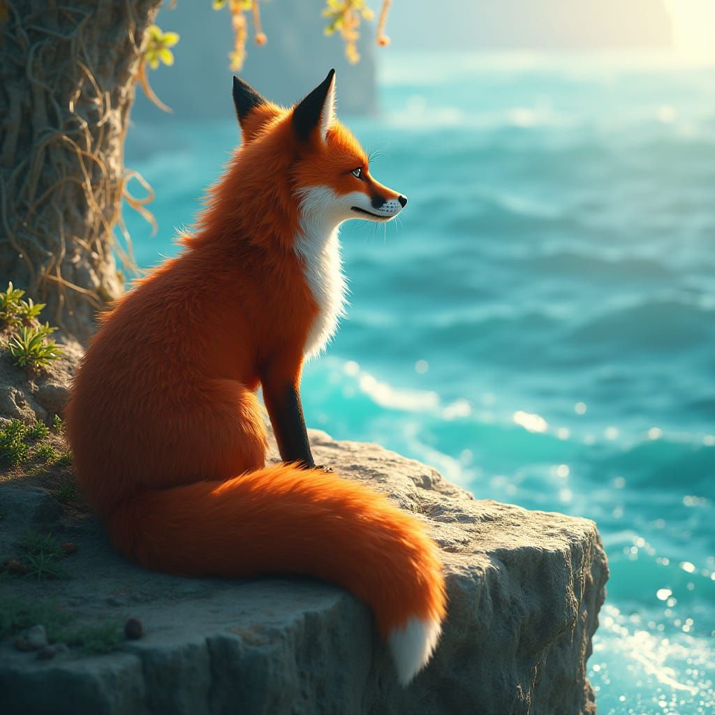 Regal Red Fox Overlooks Turquoise Ocean