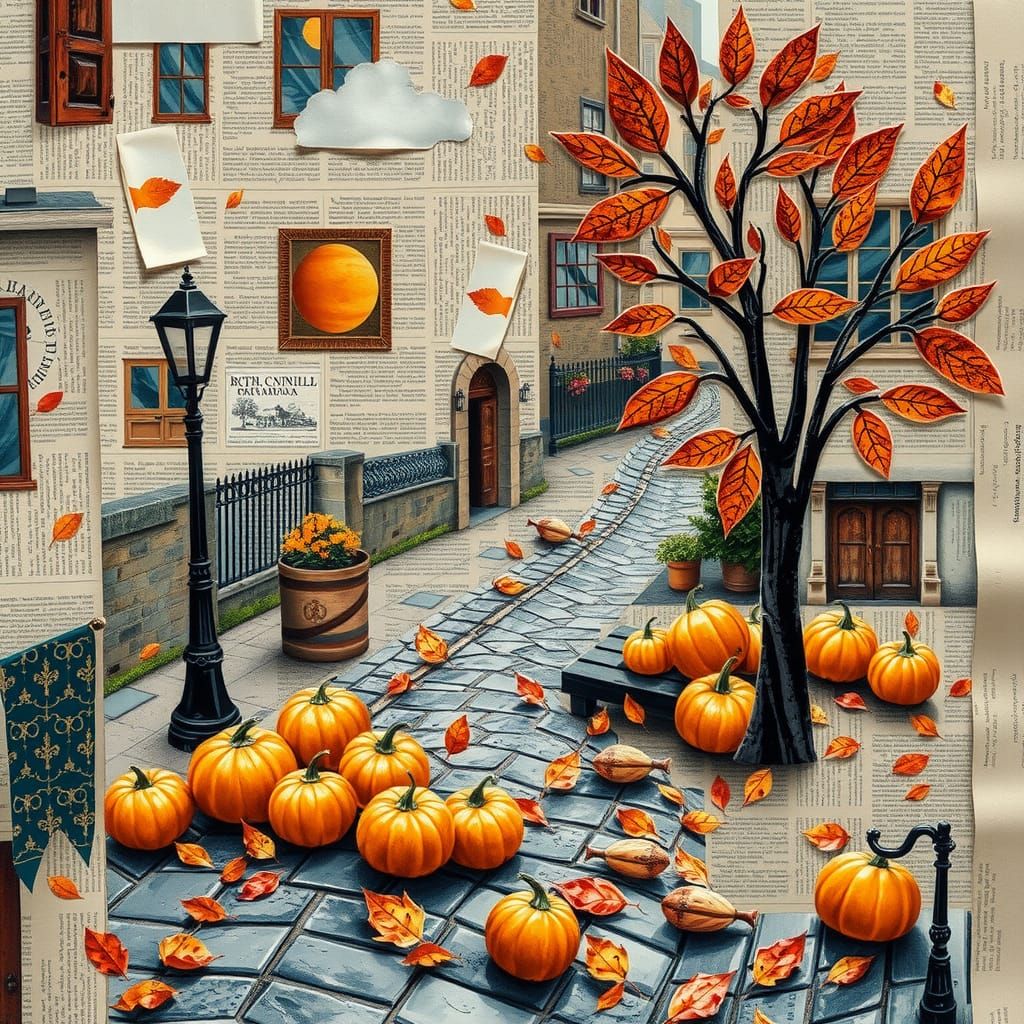 Collage Landscape Art with Autumn Scene