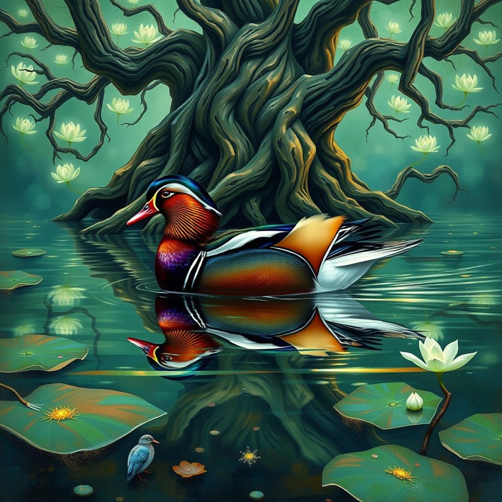 Mandarin Duck in Surreal Pond Scene with Ethereal Light