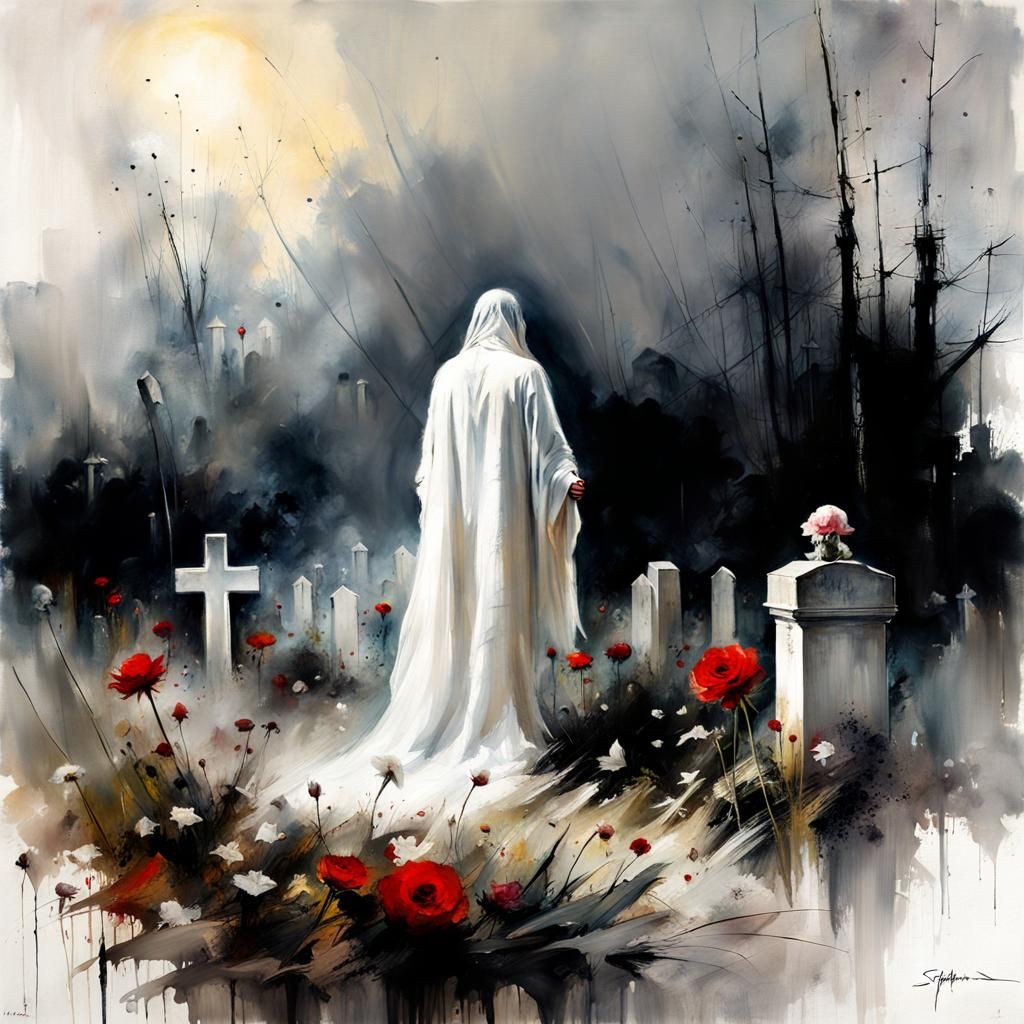 Ghostly Figures Guard Grave, Sinister Matte Painting