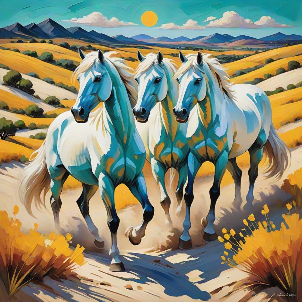 Neo-Expressionist White Horses in Oasis